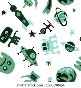 Seamless Sci-fi Pattern. Abstract Color Background with Aliens, Spaceships, Planets and Stars for Print, Cloth, Fabric. Vintage Space Kids Pattern with Cute Monsters. Vector Texture.