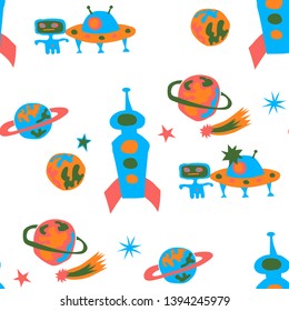 Seamless Sci-fi Pattern. Abstract Color Background with Aliens, Spaceships, Planets and Stars for Dress, Curtain, Tablecloth. Vintage Space Kids Pattern with Cute Monsters. Vector Texture.