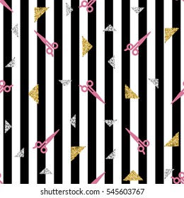 seamless scissor with glitter pattern on stripe background