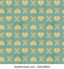 Seamless scissors and hearts pattern in vintage colors. Heart cut in half with scissors. Valentine`s Day pattern with cut heart. Vector illustration. 