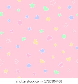 Seamless scrapbook pattern. Dots, hearts and stars on pink background. Simple repeat ornament. Vector illustration.