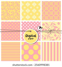 Seamless scrapbook pattern set, flowers, dots, stripes. Yellow and pink