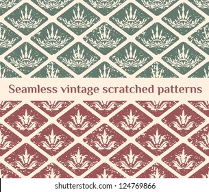 Seamless scratched vintage patterns with decorative crown elements