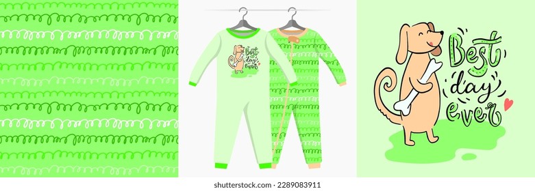 Seamless scribble pattern and illustration set - a cute dog, Best day ever text. Cute design pajamas on a hanger. Baby clipart for tee prints, cards, apparel, room decor, fabric design, wrapping