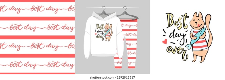 Seamless scribble pattern and illustration set - a sweet cat with text Best day ever. Cute design pajamas on a hanger. Baby clipart for tee prints, cards, apparel, room decor, fabric design, wrapping