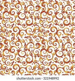 Seamless scrollwork floral pattern with wooden, plywood or straw texture. You see 4 tiles.
