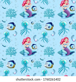 Seamless sea animals and mermaid cartoon character on blue background illustration