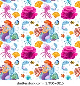 Seamless sea animals and mermaid cartoon style on white background illustration