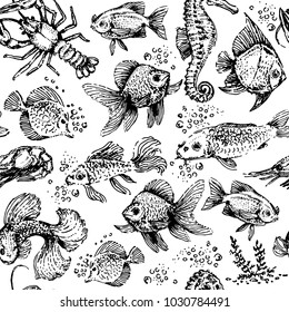 Seamless sea animals pattern. Fish and lobster illustration