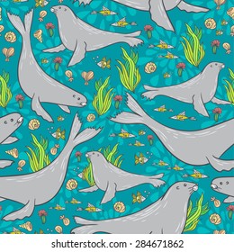 Seamless sea animals pattern. Vector seal illustration.