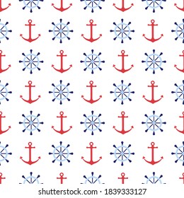 Seamless sea background with anchors and ship wheels. Cute sea background. Vector illustration.