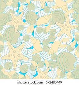 Seamless sea background, consisting of shells. A young children's texture. Suitable for fabric, paper, wallpaper, packaging.