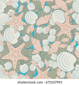 Seamless sea background, consisting of shells. A young children's texture. Suitable for fabric, paper, wallpaper, packaging.
