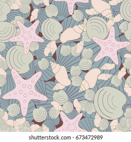 Seamless sea background, consisting of shells. A young children's texture. Suitable for fabric, paper, wallpaper, packaging.