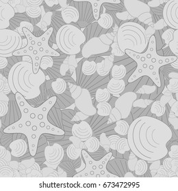 Seamless sea background, consisting of shells. A young children's texture. Suitable for fabric, paper, wallpaper, packaging.