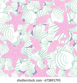 Seamless sea background, consisting of shells. A young children's texture. Suitable for fabric, paper, wallpaper, packaging.