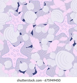 Seamless sea background, consisting of shells. A young children's texture. Suitable for fabric, paper, wallpaper, packaging.