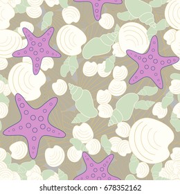 Seamless sea background, consisting of shells. A young children's texture. Suitable for fabric, paper, wallpaper, packaging.