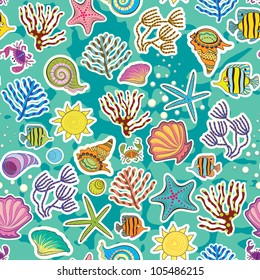 Seamless sea background. The decor of the sea creatures and seaweed. Symbol of summer vacation.