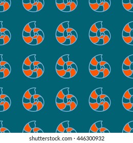 Seamless sea background. Hand drawn pattern with Mollusc shell. Suitable for fabric, greeting card, advertisement, wrapping. Bright and colorful nautilus seamless pattern