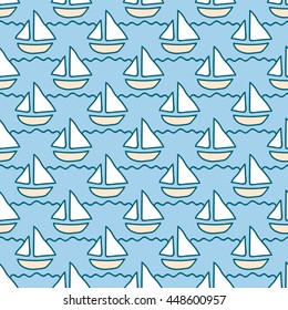 Seamless sea background. Hand drawn pattern. Suitable for fabric, greeting card, advertisement, wrapping. Bright and colorful sailing ships on waves seamless pattern