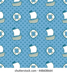 Seamless sea background. Hand drawn childish pattern. Suitable for fabric, greeting card, advertisement, wrapping. Bright and colorful sailing ships and lifebuoy seamless pattern