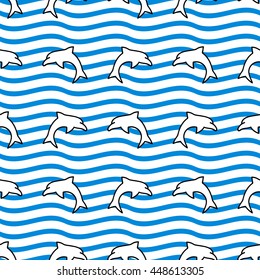 Seamless sea background. Hand drawn blue, white and black pattern. Suitable for fabric, greeting card, advertisement, wrapping. Bright and colorful waves and dolphins seamless pattern