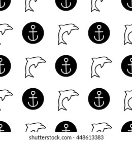 Seamless sea background. Hand drawn black and white pattern. Suitable for fabric, greeting card, advertisement, wrapping. Bright and colorful anchors and dolphins seamless pattern