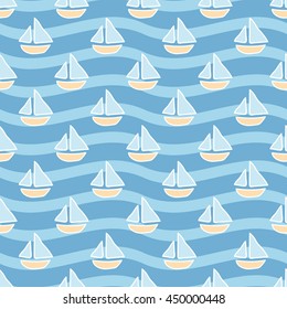 Seamless sea background. Hand drawn pattern. Suitable for fabric, greeting card, advertisement, wrapping. Bright and colorful sailing ships seamless pattern