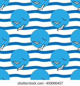 Seamless sea background. Hand drawn blue and white pattern. Suitable for fabric, greeting card, advertisement, wrapping. Bright and colorful seamless pattern with flocks of seagulls and waves