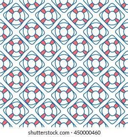 Seamless sea background. Hand drawn blue and white pattern. Suitable for fabric, greeting card, advertisement, wrapping. Bright and colorful lifebuoy seamless pattern
