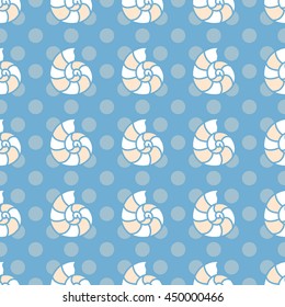 Seamless sea background. Hand drawn pattern with Mollusc shell. Suitable for fabric, greeting card, advertisement, wrapping. Bright and colorful nautilus seamless pattern