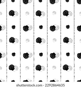 Seamless sea background with seashells and vertical stripes, black and white sketch. Summer theme, hand drawing, vector