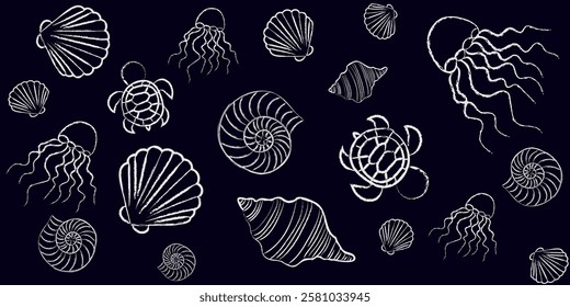 seamless sea background with shells and sea animals on a dark blue chalk background