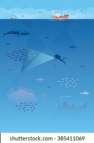 Seamless sea background with ships and fishes.