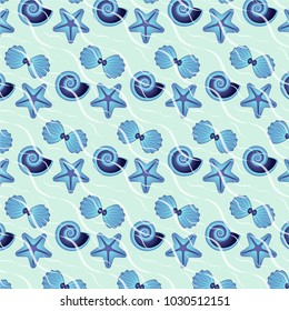 Seamless sea background. Starfish, shell, spiral. Vector marine illustration