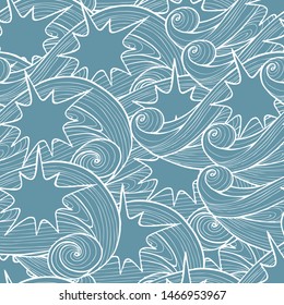 Seamless sea background with stars and waves. Vector illustration