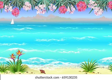 Seamless sea beach landscape with flowers, 4 separated layers ready for parallax effect for game and web design. Hand drawn vector endless looped background