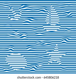 Seamless sea blue pattern consisting of strips, waves, sailfish, anchors and seashells.