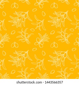 Seamless Sea buckthorn pattern. Outline style. Background for textile, wallpaper, scrapbooking, wrapping paper. Design for  natural and organic oils, cosmetics, herbal tea, natural juice and jam