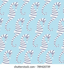 Seamless sea decorative pattern. Vector ornament with striped seahorses on a blue background. Marine texture for fills, fabric, digital paper, etc.