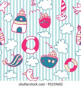Seamless sea doodle pattern on striped background