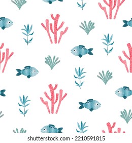 Seamless sea fish pattern. Underwater life background. Watercolor fish and seaweeds vector illustration