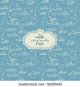 Seamless sea hand-drawn pattern with card label