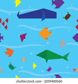 Seamless sea life animal pattern. Repeat underwater background. Origami paper craft style. Vector and illustration design.