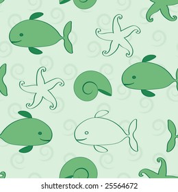 Seamless sea life cartoon background.  Vector illustration.