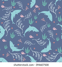Seamless sea life pattern with blue background .Texture sharks print.