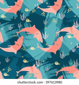 Seamless sea life pattern with blue background .Texture sharks print .Sharks seamless pattern