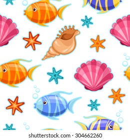 Seamless sea life pattern with cartoon goldfish, starfish and seashells