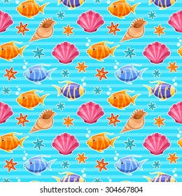 Seamless sea life pattern with cartoon goldfish, starfish and seashells